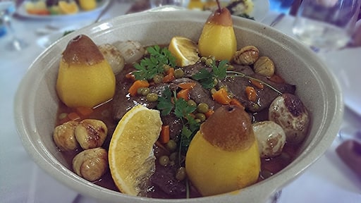 Beef stew with Mushrooms, chestnuts and "Drunken" pear. Yes, the pear is Roast with Port Wine. Yummy!