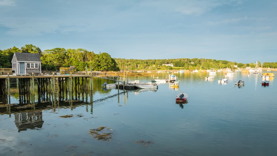 A calm harbor with a wooden dock, boats, and a small house.