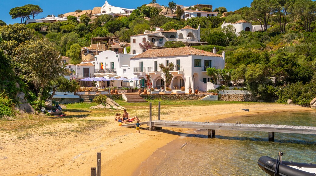 A coastal village with white buildings, a wooden pier, and clear turquoise waters.