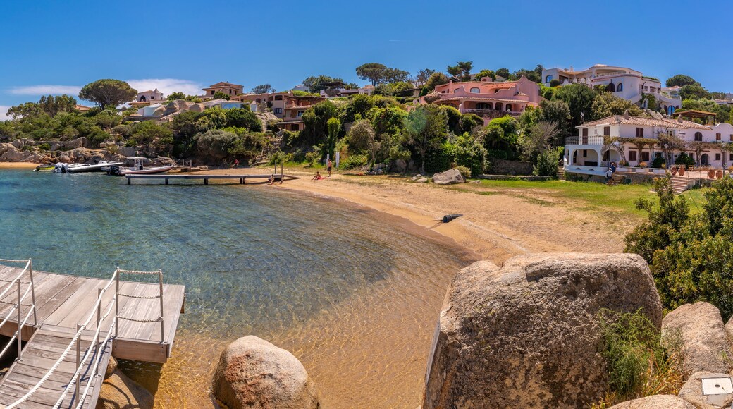 A coastal landscape with clear waters, a wooden pier, and houses on a hillside.