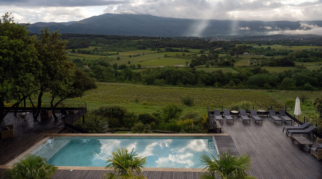 2024-05-16 A VIEW OF MOUNT VENTOUX AND THE LUSH COUNTRYSIDE FROM LA MAISON DE CRILLON IN BEDOIN FRANCE