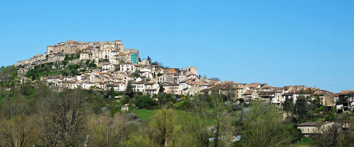 A historic town built on a hill with traditional architecture and dense greenery.