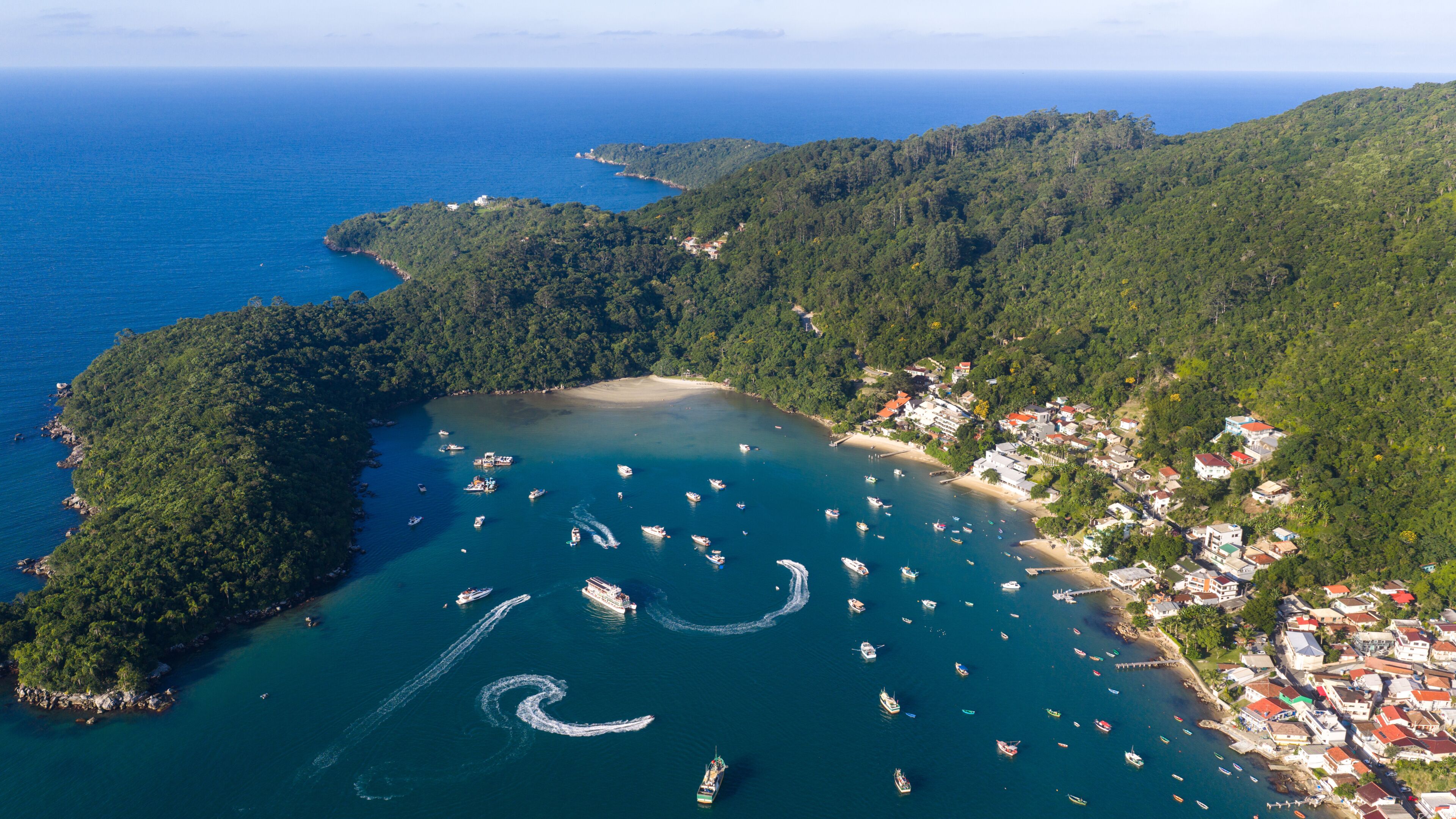 An aerial view of a coastal town with a bay, surrounded by dense forest and hills.