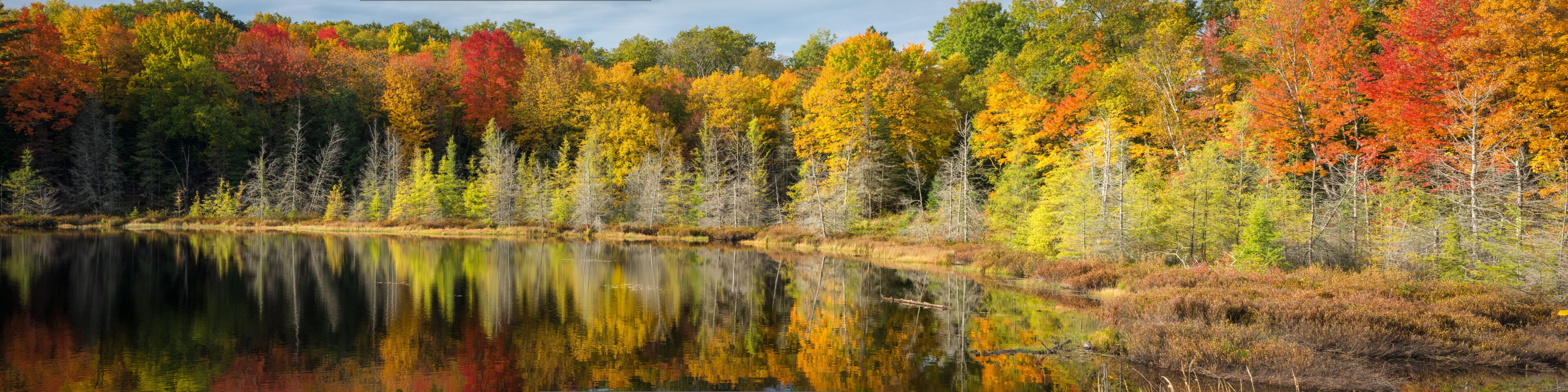 A lake surrounded by autumn-colored trees reflecting the vibrant foliage.
