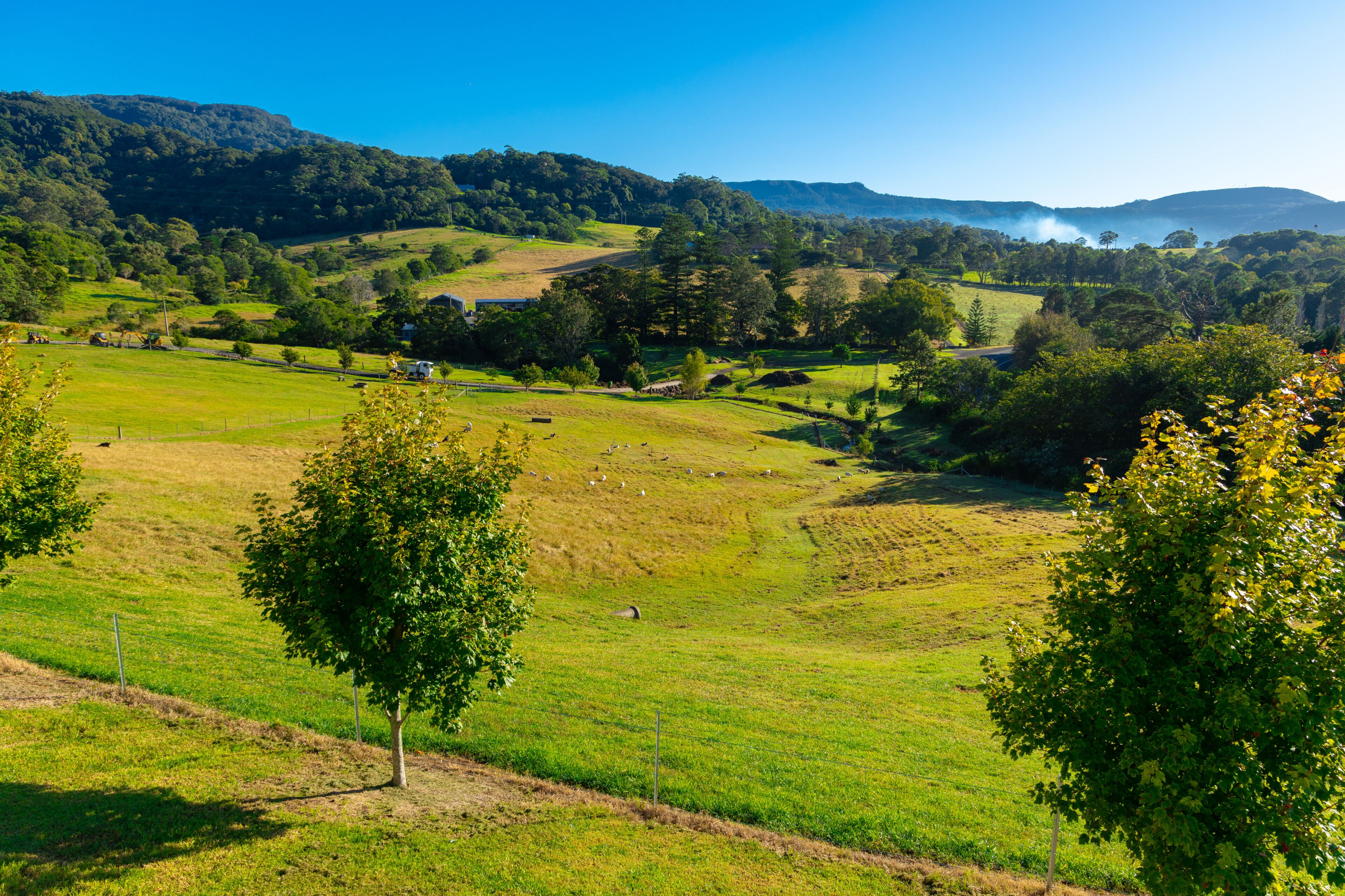 Panoramic views of farm land in rural area near Bowral in NSW Southern Highlands Australia