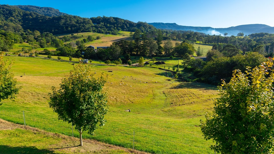 Panoramic views of farm land in rural area near Bowral in NSW Southern Highlands Australia