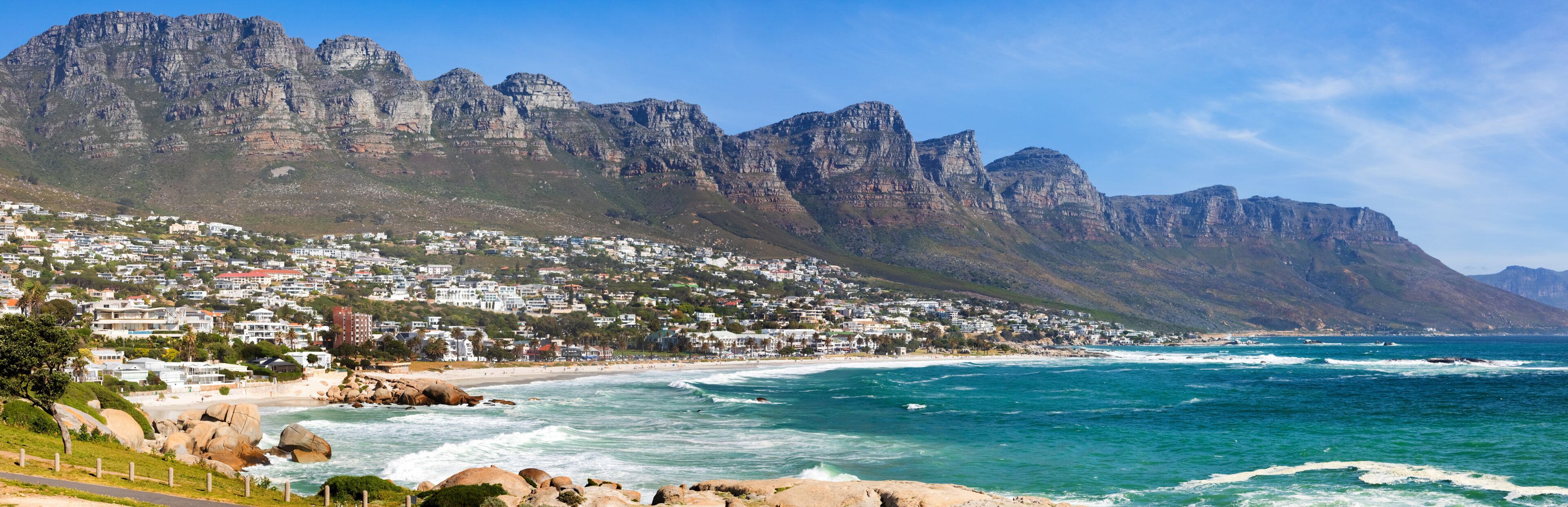 Panoramic view of Camps Bay Beach and Table Mountain in Cape Town South Africa