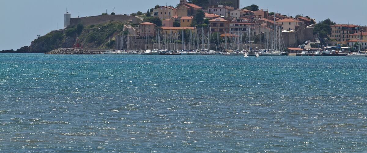 A coastal town with a prominent castle on a hill, surrounded by buildings and boats in the water.
