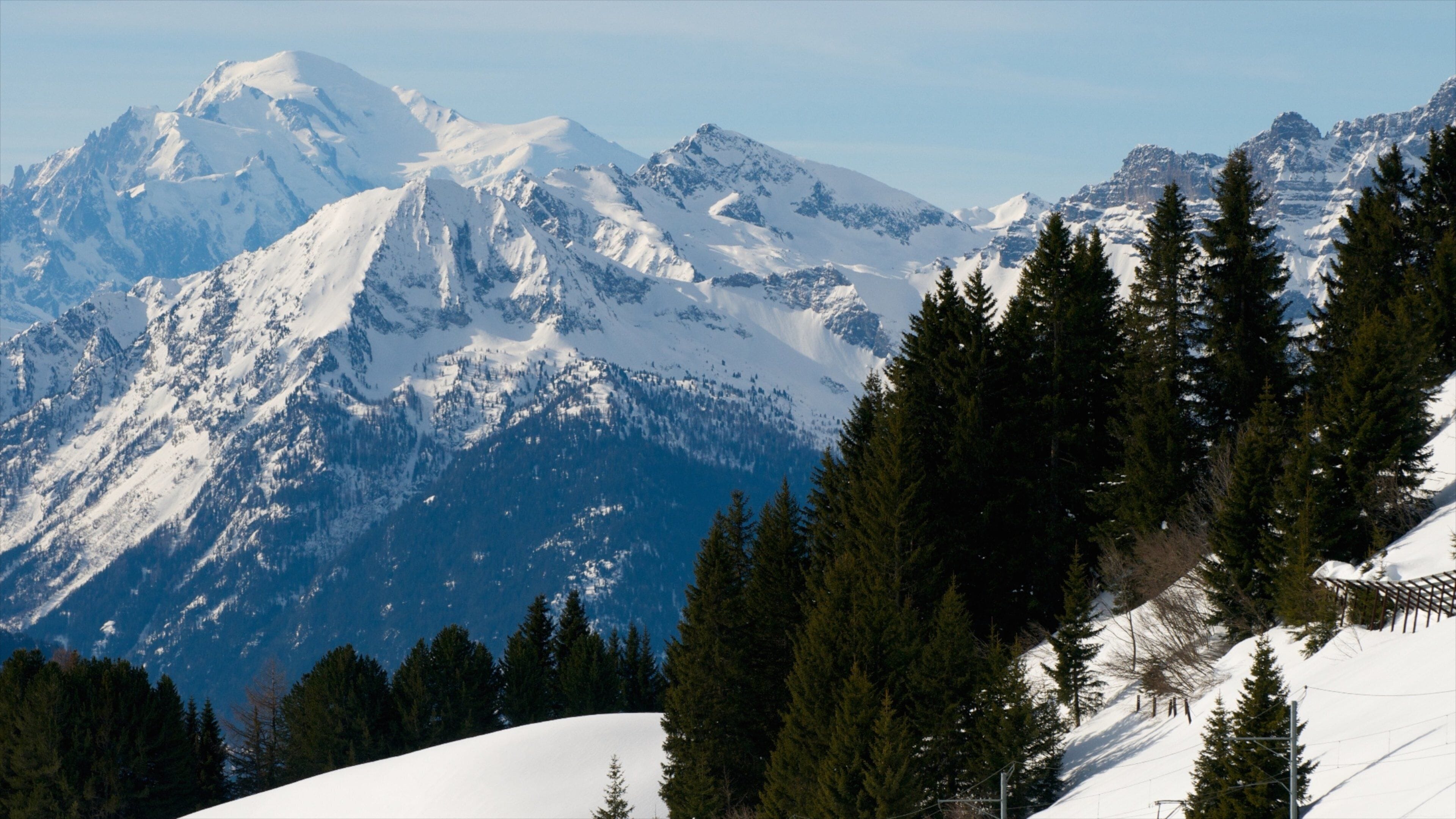 A snow-covered mountain range with dense forests at the base.