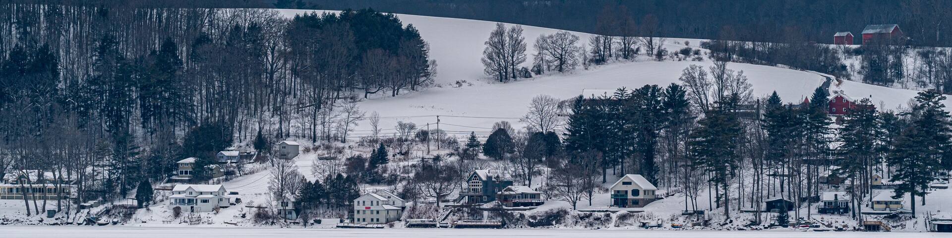 A snow covered town off the banks of the Otsego lake in Cooperstown, New York.