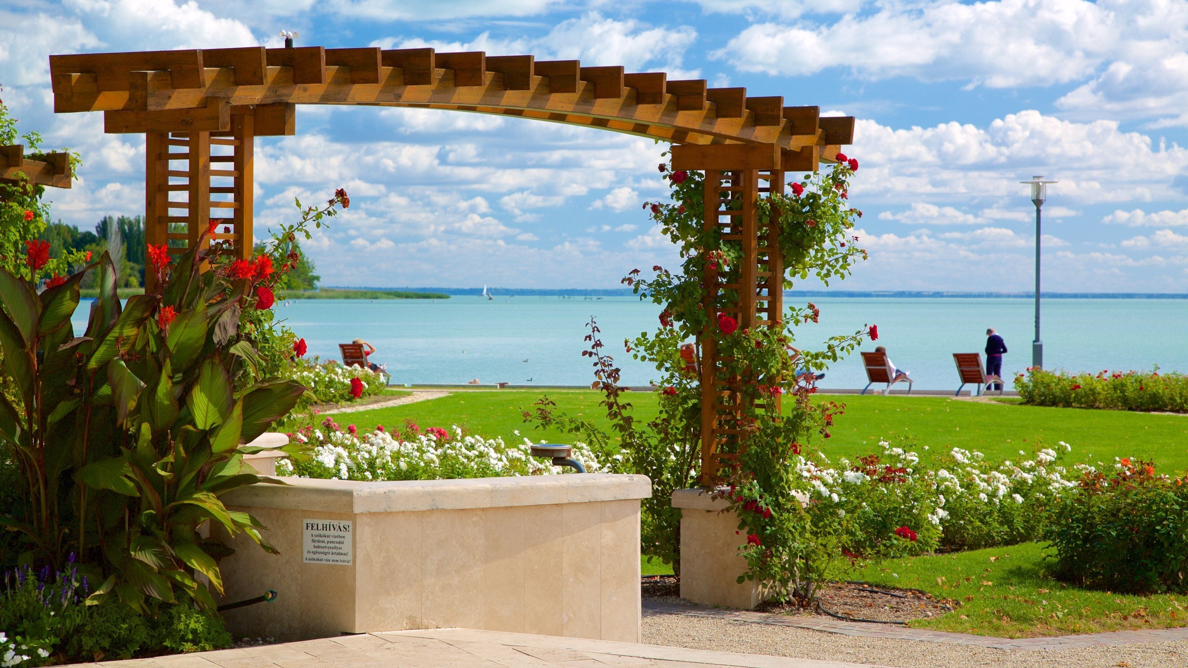 A wooden pergola with climbing roses, a garden with white and red flowers, and a view of a lake with people relaxing on chairs.