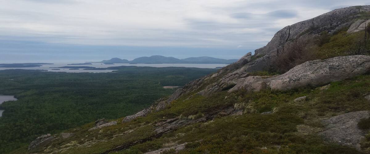 A mountainous landscape with rocky outcrops and dense forest.