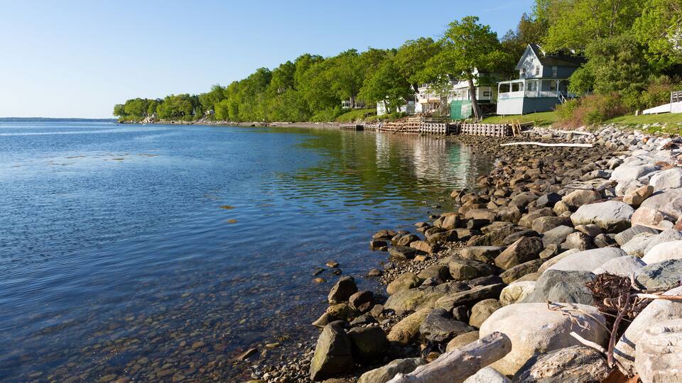 A rocky shoreline with clear water, a wooden dock, and houses with white trim and green accents.