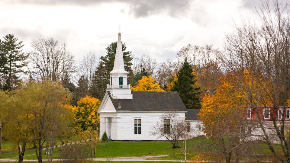 A white church with a steeple surrounded by autumn trees.
