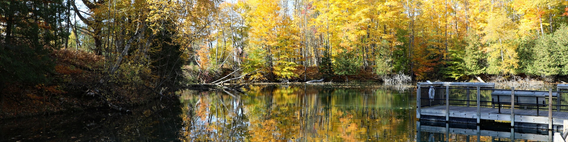 Hiking trails and a large series of freshwater ponds at the fish hatchery in Northern Michigan in Oden, near Alanson, two rural small towns.