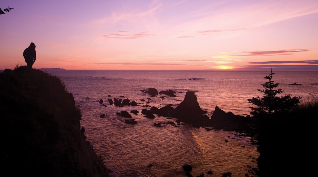 Kodiak Island showing a sunset, a lake or waterhole and mountains