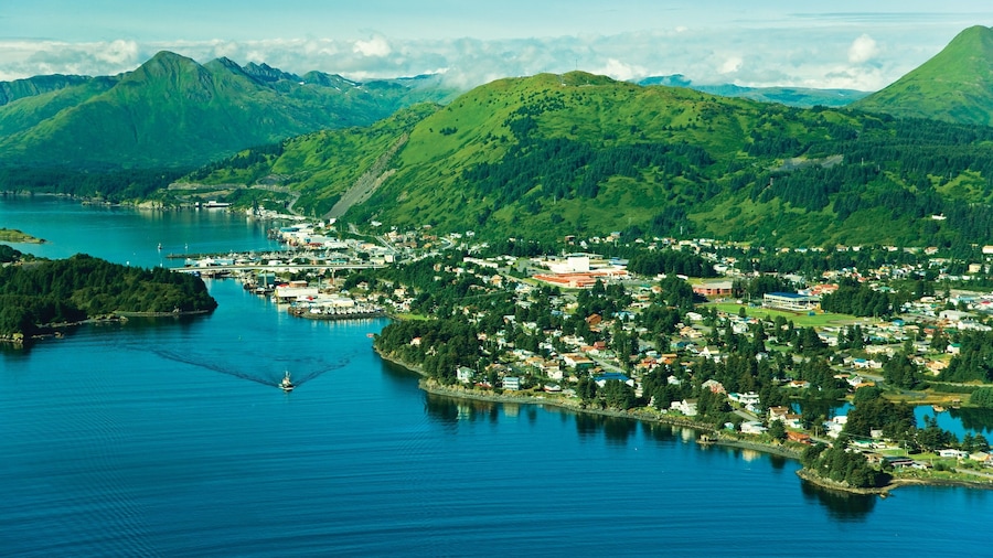 Kodiak Island which includes a river or creek and mountains