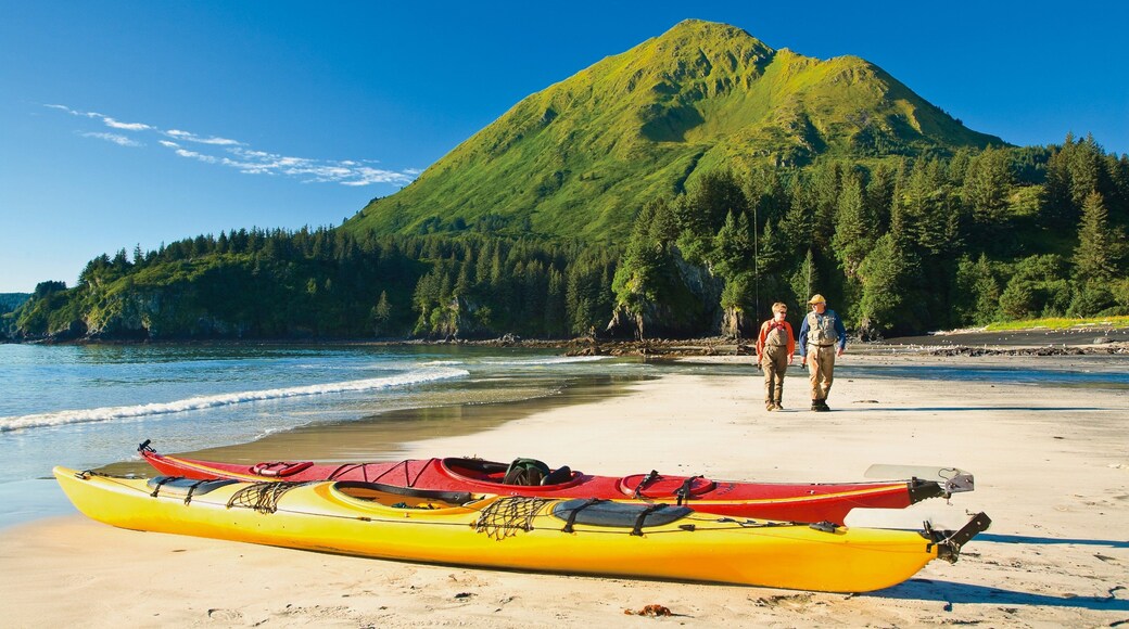 Kodiak Island featuring kayaking or canoeing, mountains and a sandy beach