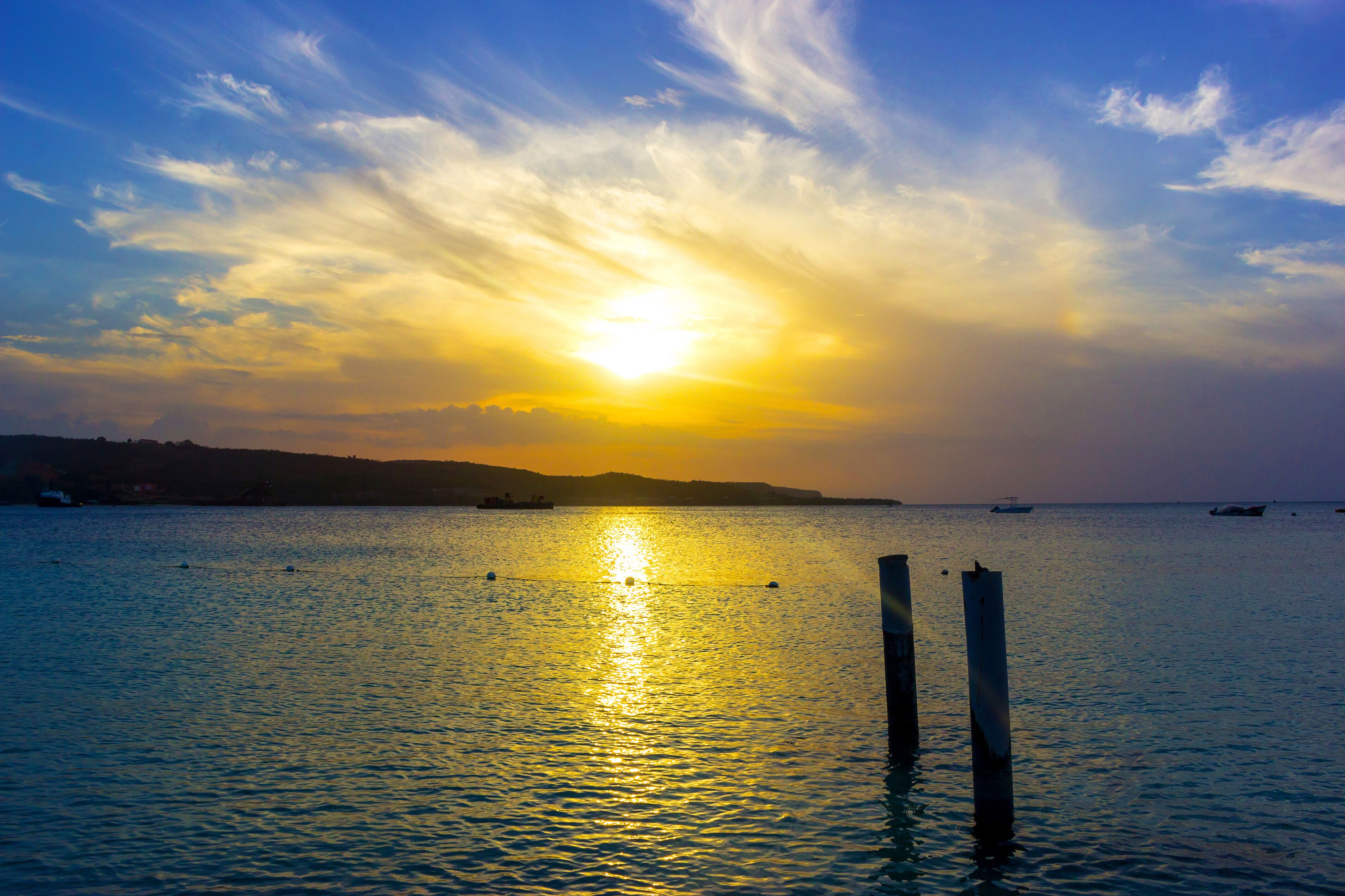 Sunset over the sea at Discovery Bay in Jamaica.