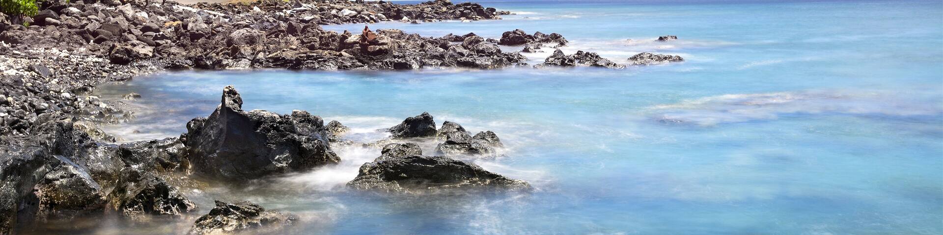 A rocky shoreline with clear blue water and green trees.