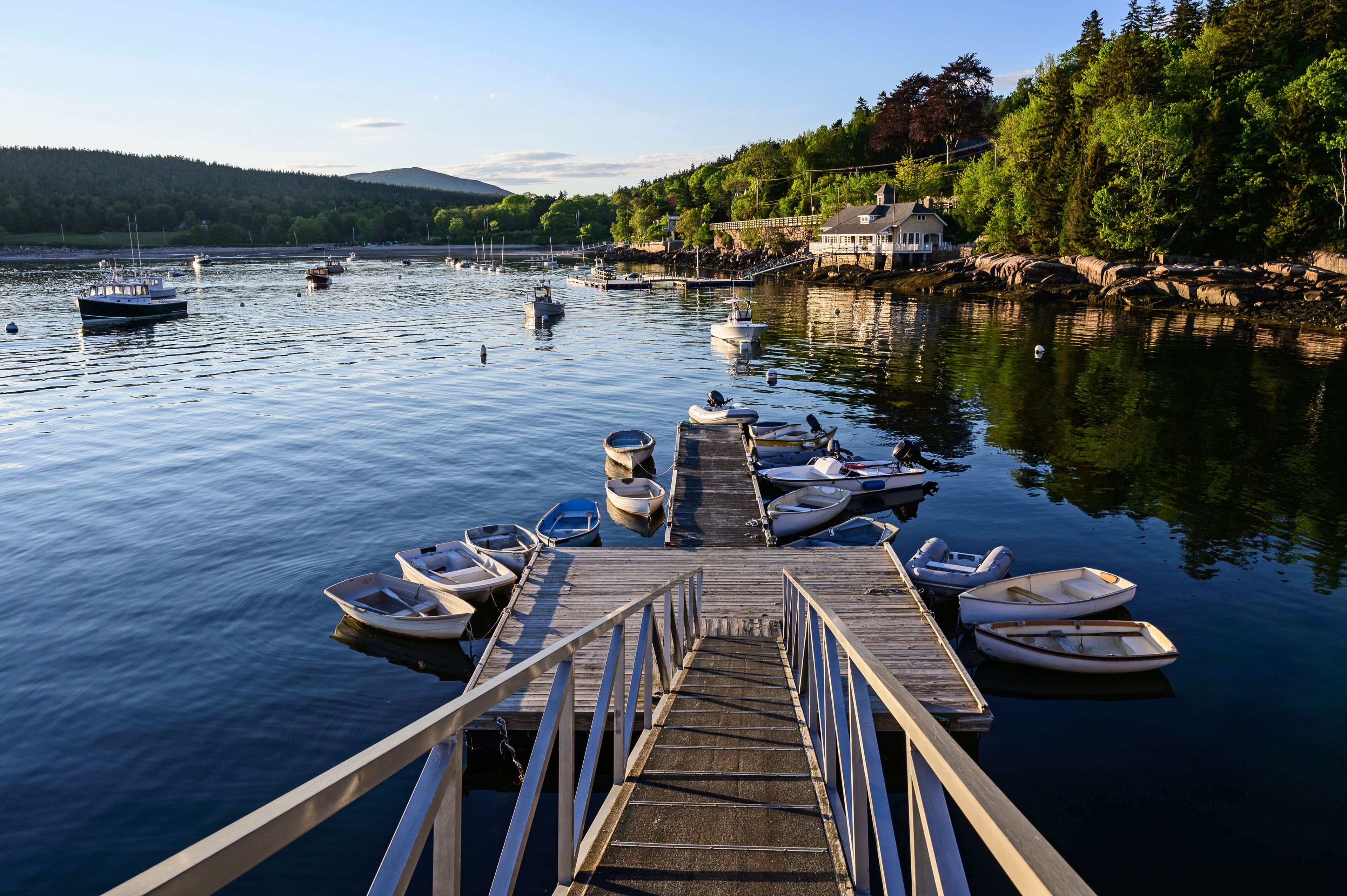 A calm lake with boats docked at a wooden pier, surrounded by trees and a house.