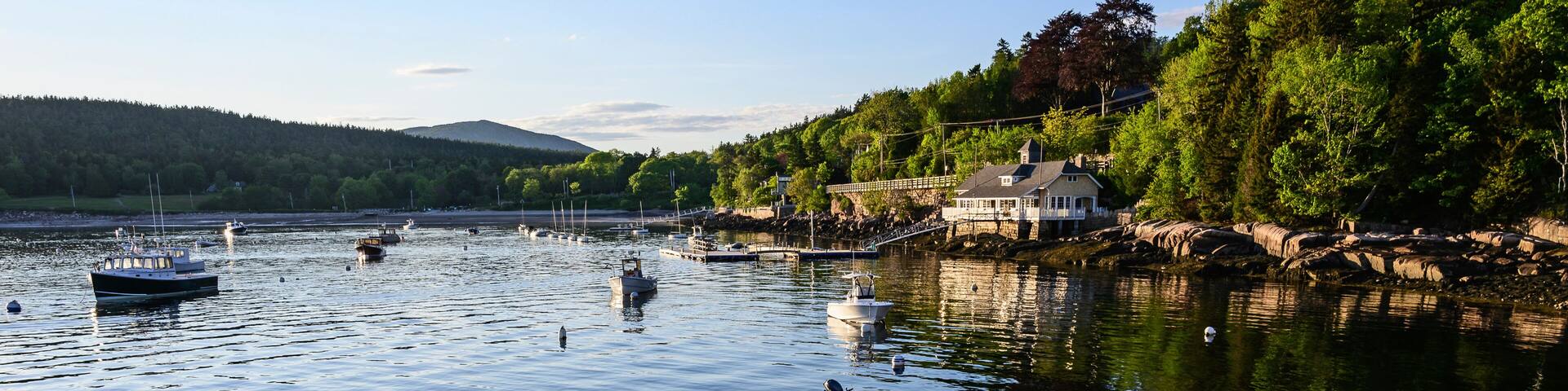 A calm lake with boats docked at a wooden pier, surrounded by trees and a house.