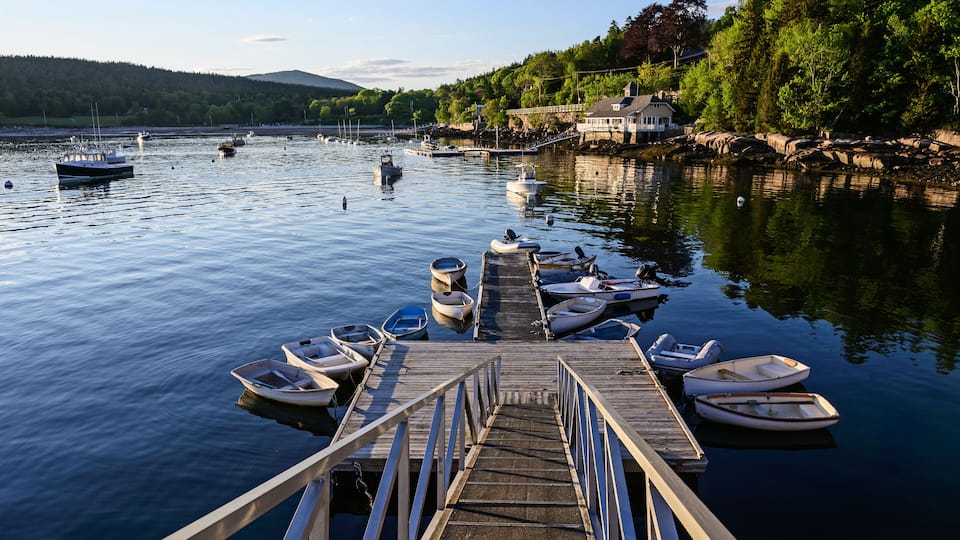 A calm lake with boats docked at a wooden pier, surrounded by trees and a house.