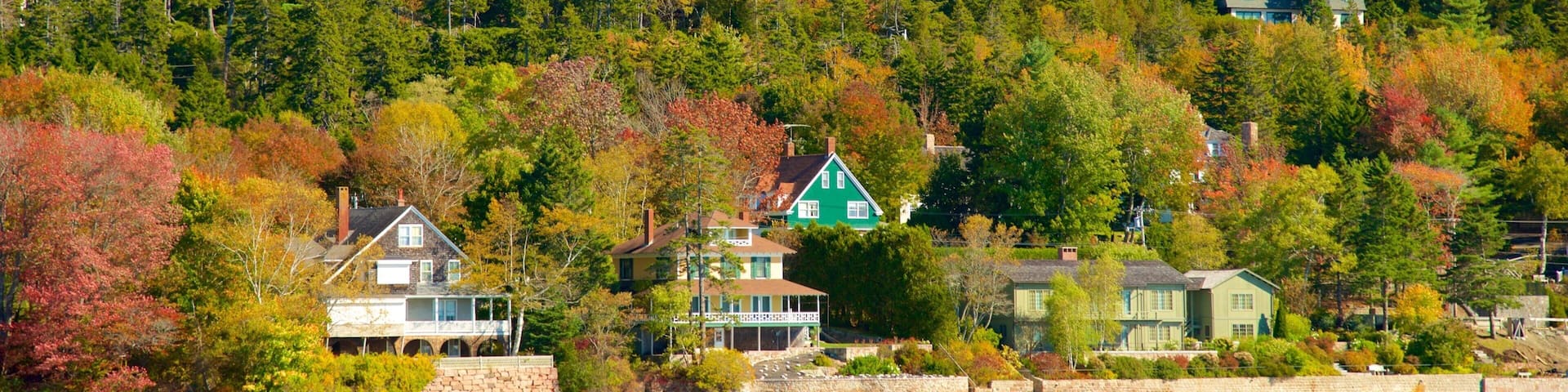 Seal Harbor showing a small town or village and a bay or harbor