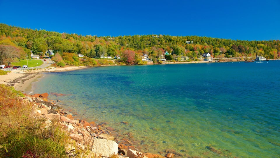 A clear lake with a rocky shoreline, surrounded by houses and dense forest.