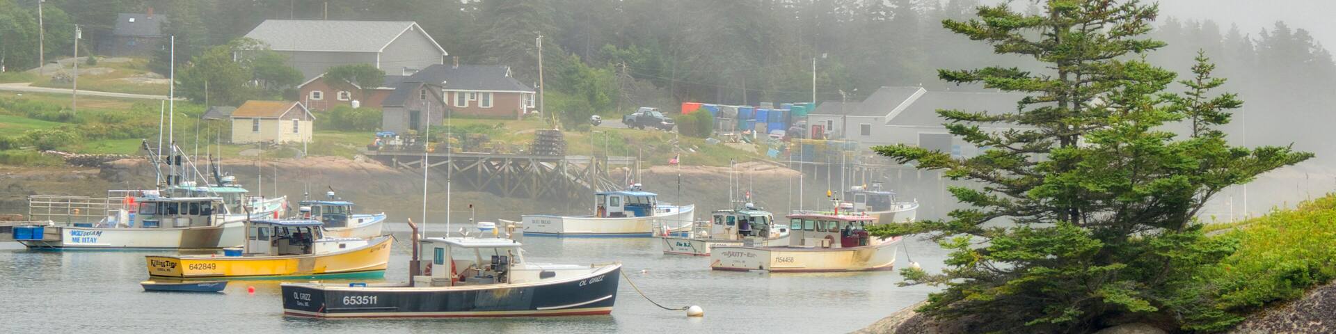 USA, Maine. Boats anchored in Prospect Harbor, Gouldsboro, Maine, USA.