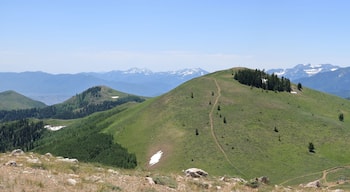 Mt Timpanogos and it's snow covered slopes are seen from Deer Valley ski resort in mid June
