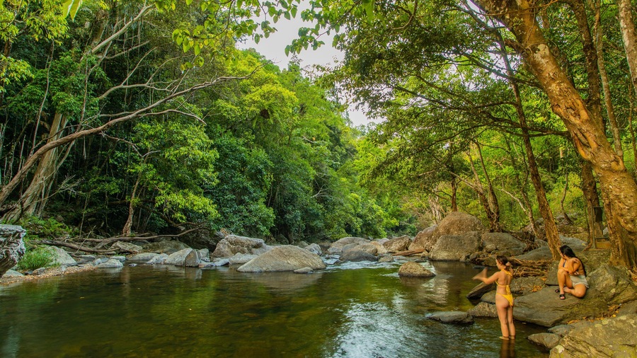 Crystal Cascades which includes forests and a river or creek as well as a couple