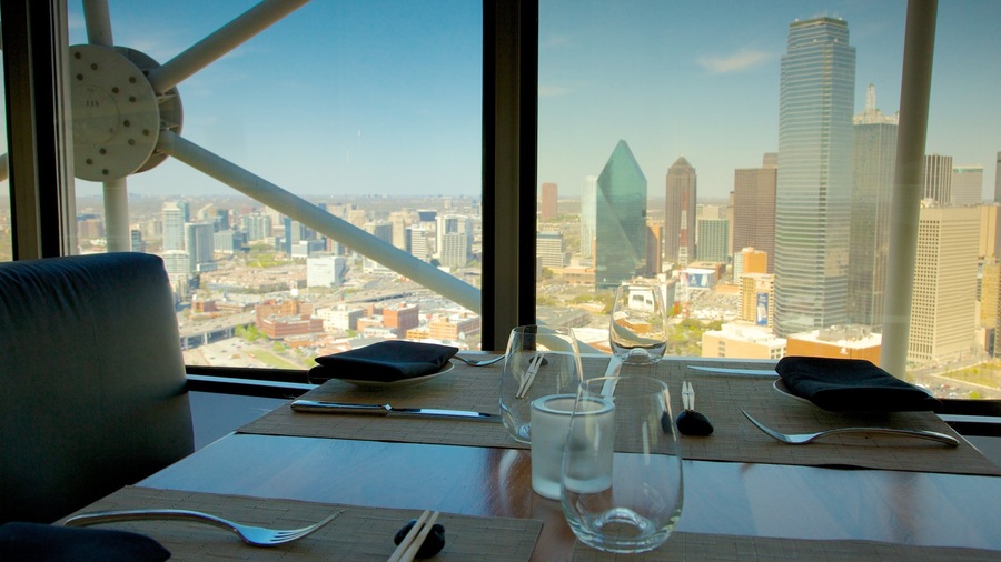 Reunion Tower showing a skyscraper, interior views and modern architecture