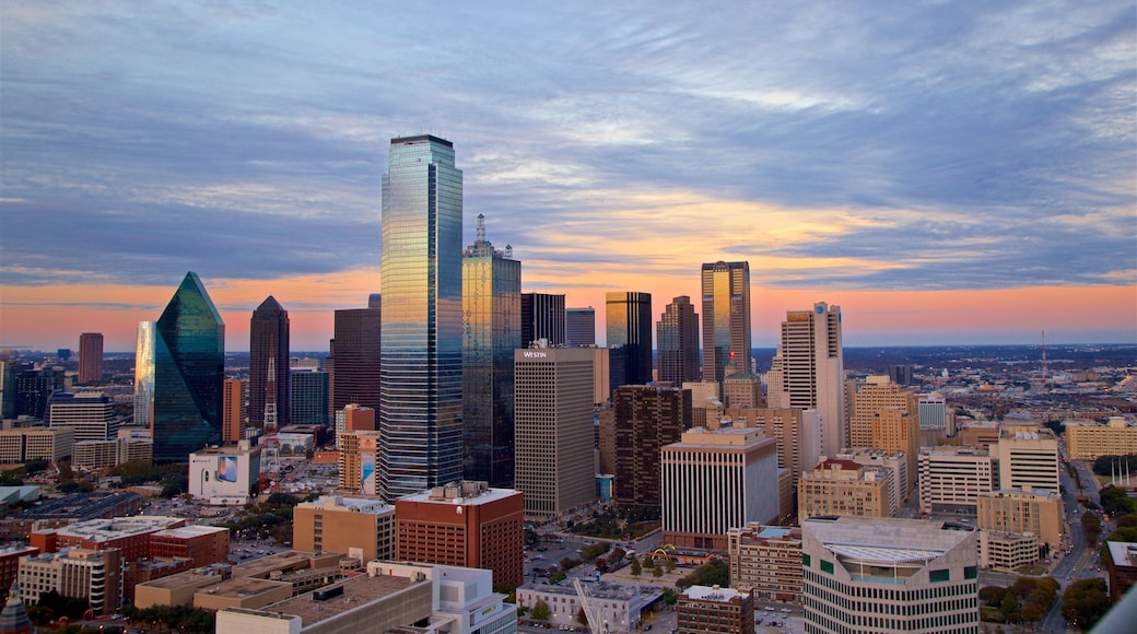 Reunion Tower featuring landscape views, a city and a sunset