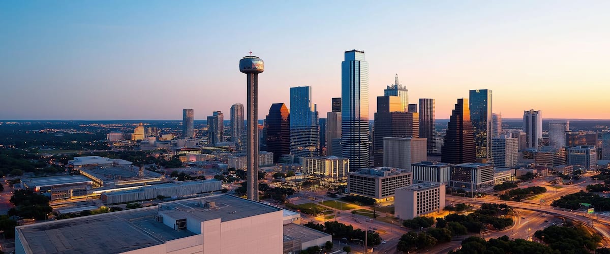 A city skyline at dusk with a tall building in the middle. The city is lit up with lights and the sky is a beautiful orange color