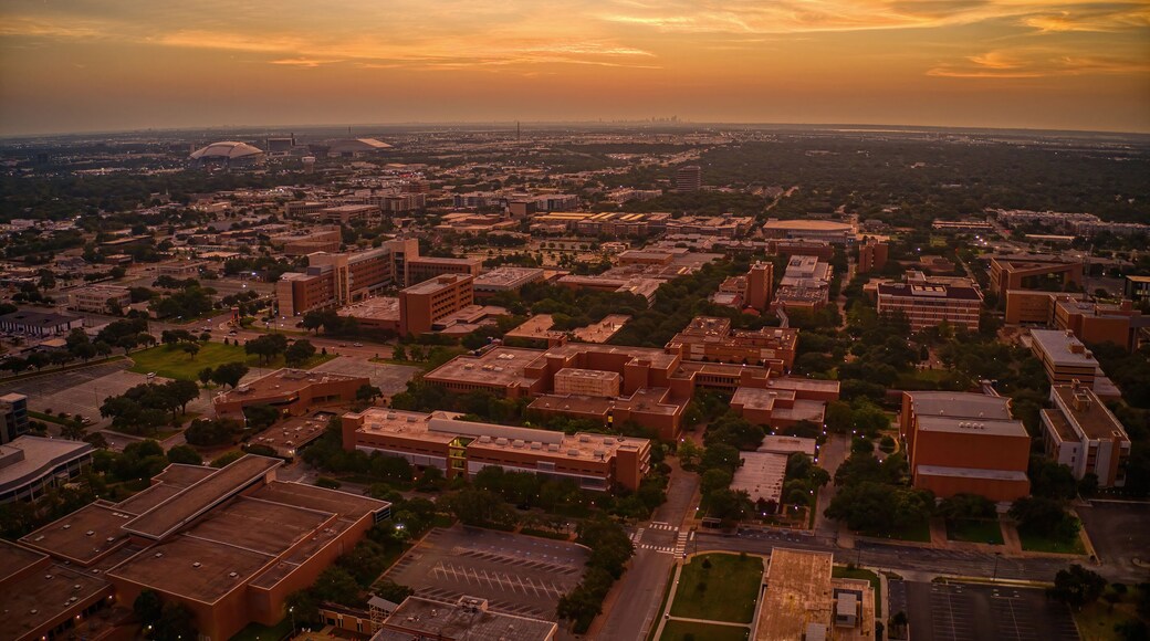 Aerial View of a large Public University in Arlington, Texas at Sunrise