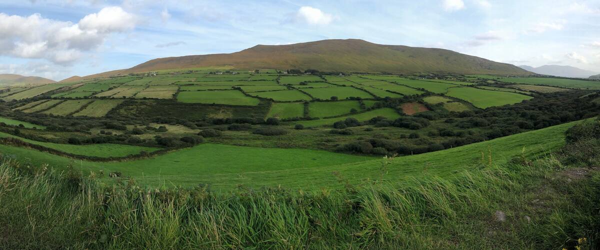 Rolling green hills, a distant mountain, and scattered houses.