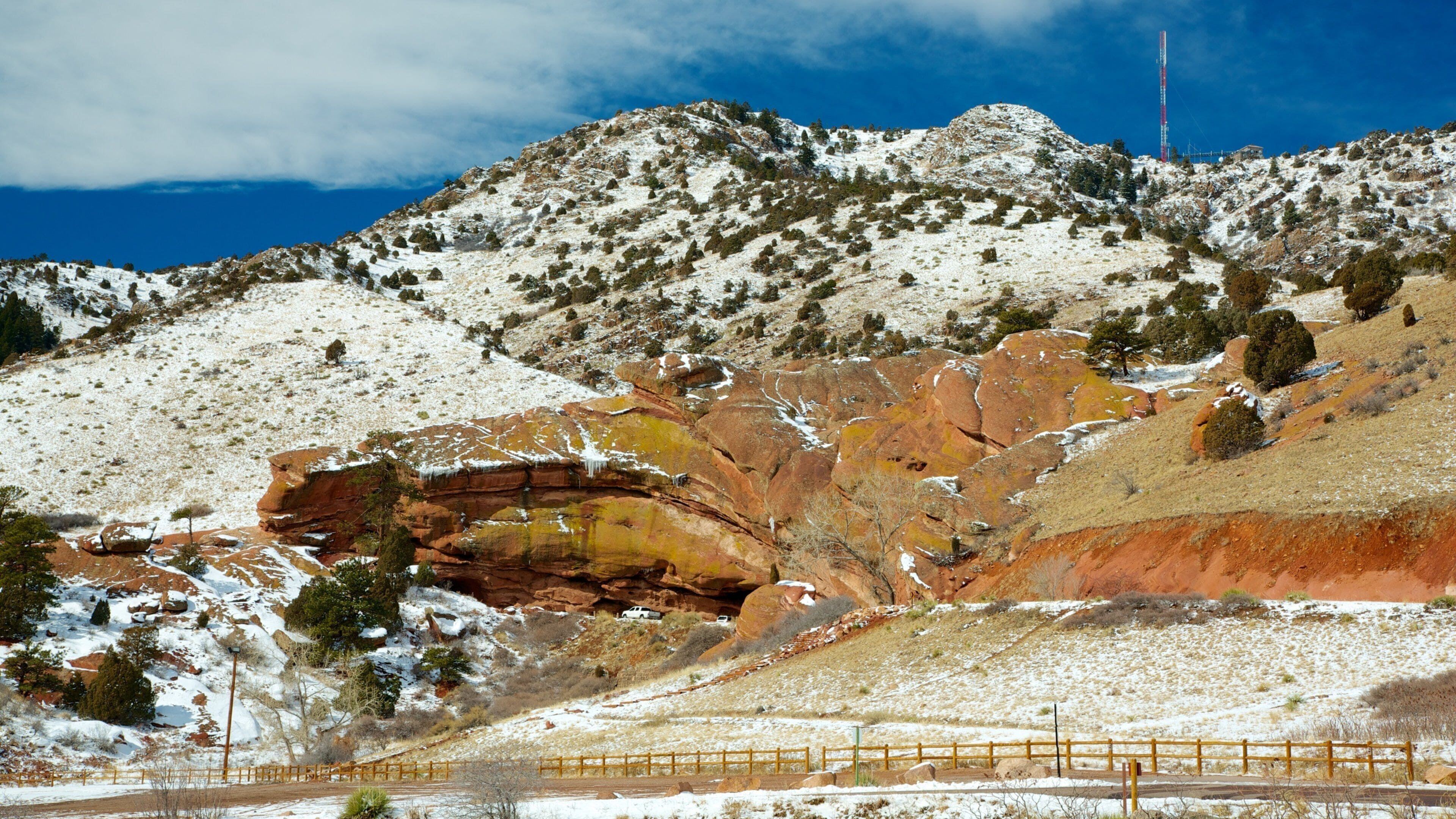 Red Rocks Amphitheater which includes landscape views, snow and mountains