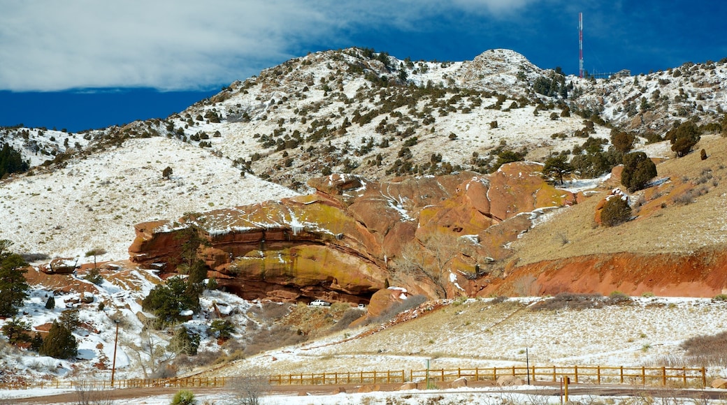 Red Rocks Amphitheatre showing snow, landscape views and mountains