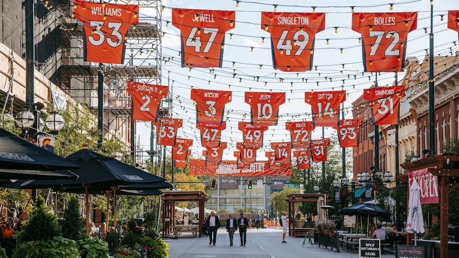 Larimer Square featuring street scenes and signage