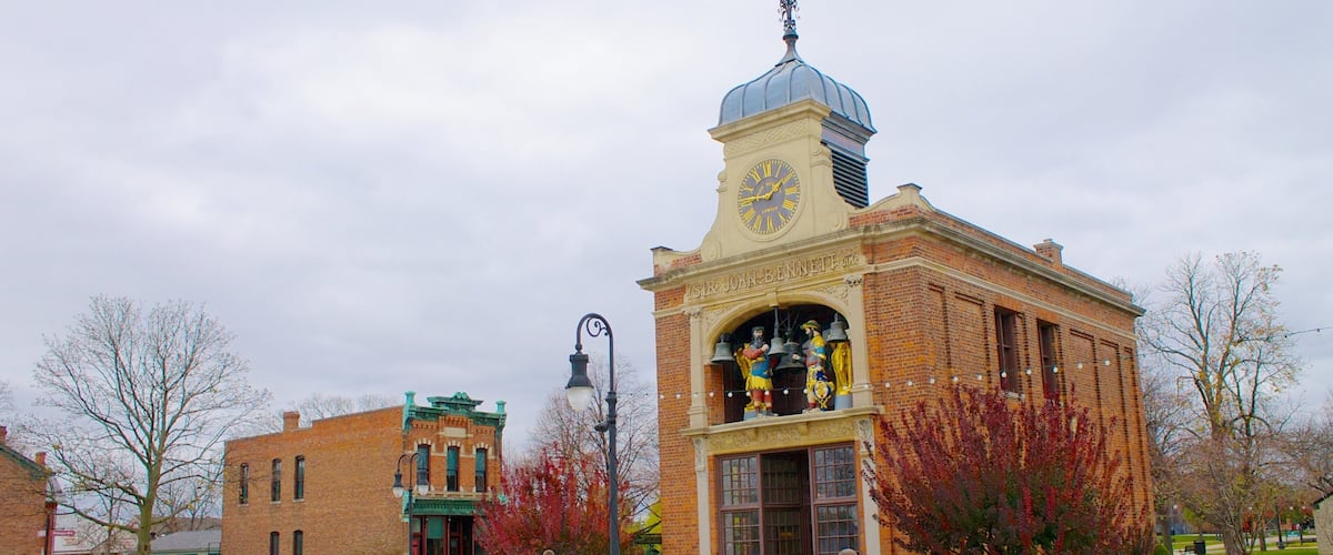 Greenfield Village featuring street scenes and heritage architecture as well as an individual male