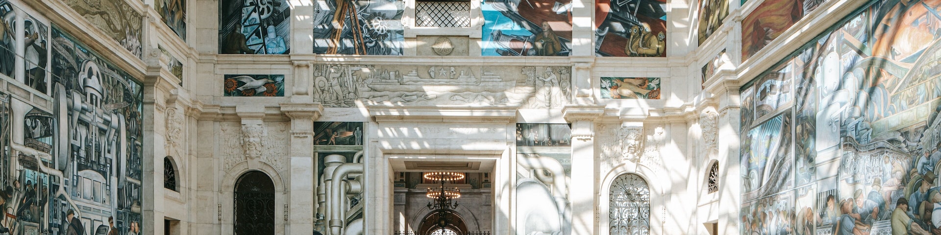 Detroit Institute of Arts showing interior views and heritage elements as well as a small group of people