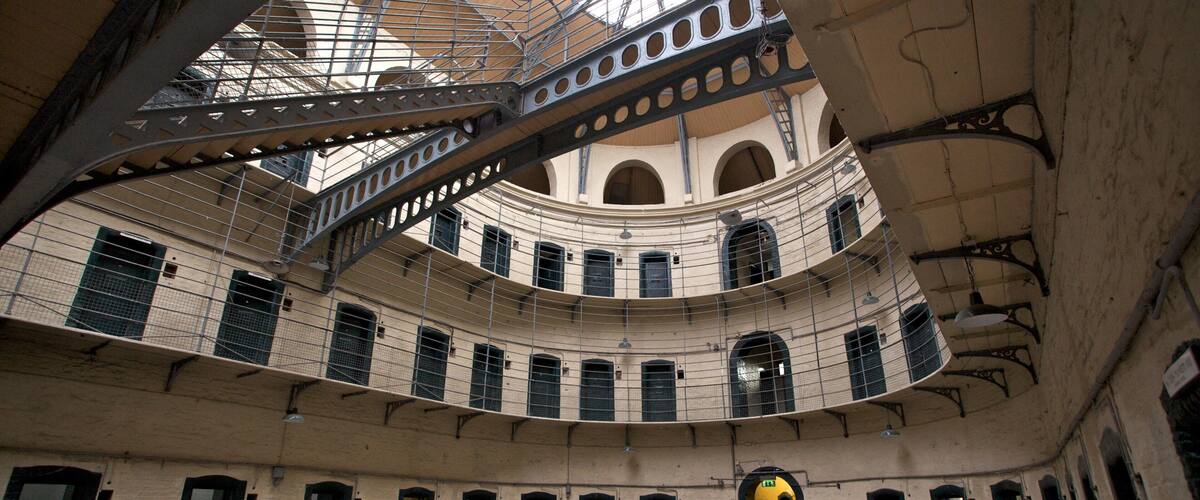 Historic Kilmainham Gaol exhibits an architectural marvel in Dublin, Ireland, capturing its rich past and significance