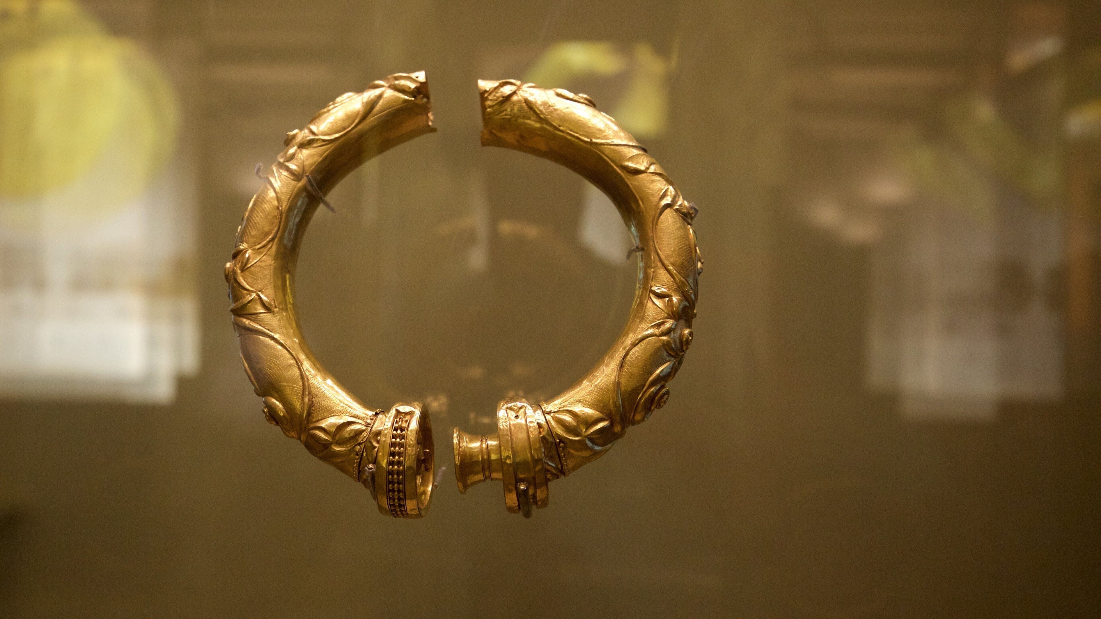 A golden circular artifact with intricate designs and a central knob, displayed against a blurred background.