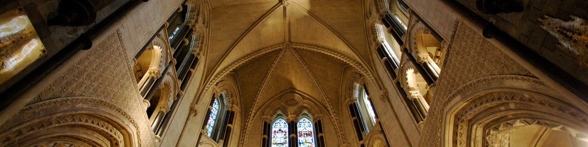 Stunning view of Christ Church Cathedral's architecture from below in Dublin, Ireland