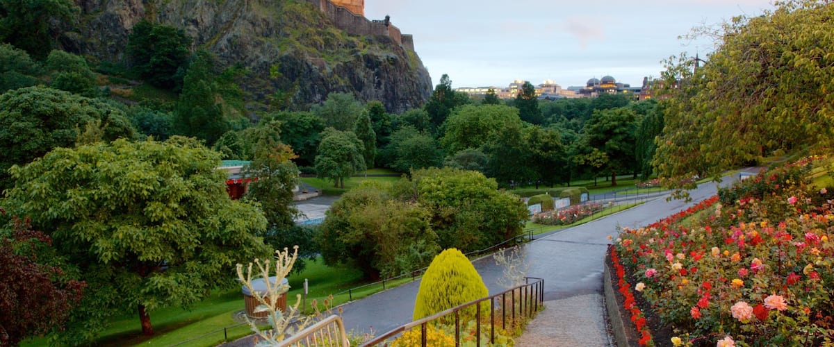 A castle on a hill, lush greenery, and a pathway with flowers.
