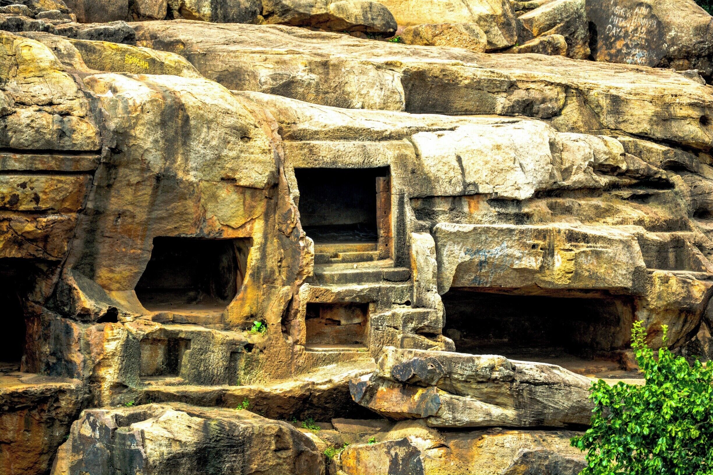 Udayagiri and Khandagiri Caves are partly natural and partly artificial caves of archaeological, historical and religious importance near the city of Bhubaneswar in Odisha, India. The caves are situated on two adjacent hills, Udayagiri and Khandagiri, mentioned as Kumari Parvat in the Hathigumpha inscription. They have a number of finely and ornately carved caves built during 2nd century BCE.[1] It is believed that most of these caves were carved out as residential blocks for Jain monks during the reign of King Kharavela.[2] Udayagiri means "Sunrise Hill" and has 18 caves while Khandagiri has 15 caves.[3]

The caves of Udayagiri and Khandagiri, called lena or leṇa in the inscriptions, were dug out mostly during the reign of Kharavela for the abode of Jaina ascetics. The most important of this group is Ranigumpha in Udayagiri which is a double storeyed monastery. Other important caves include Hathi gumpha, Ananta gumpha, Ganesha gumpha, Jaya Vijaya gumpha, Mancapuri gumpha, Bagh gumpha and Sarpa gumpha.