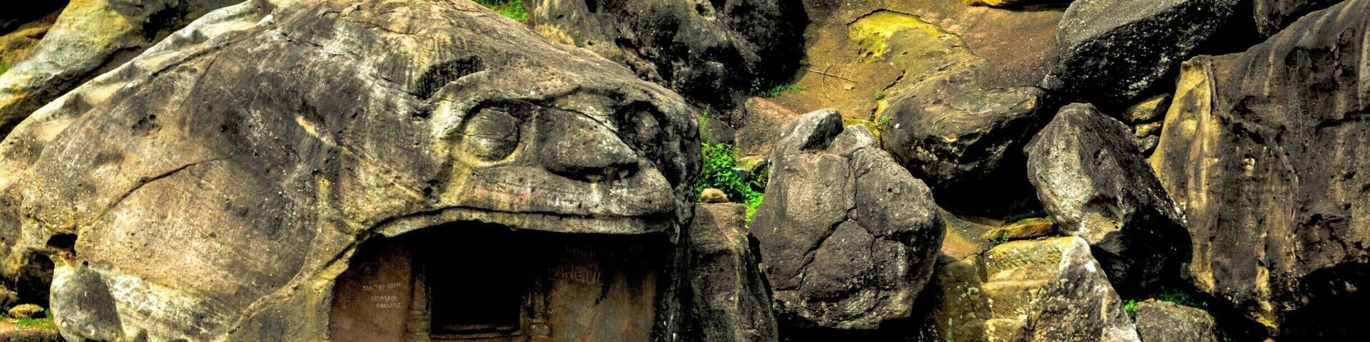 Udayagiri and Khandagiri Caves are partly natural and partly artificial caves of archaeological, historical and religious importance near the city of Bhubaneswar in Odisha, India. The caves are situated on two adjacent hills, Udayagiri and Khandagiri, mentioned as Kumari Parvat in the Hathigumpha inscription. They have a number of finely and ornately carved caves built during 2nd century BCE. It is believed that most of these caves were carved out as residential blocks for Jain monks during the reign of King Kharavela. Udayagiri means "Sunrise Hill" and has 18 caves while Khandagiri has 15 caves.
The caves of Udayagiri and Khandagiri, called lena or leṇa in the inscriptions, were dug out mostly during the reign of Kharavela for the abode of Jaina ascetics. The most important of this group is Ranigumpha in Udayagiri which is a double storeyed monastery. Other important caves include Hathi gumpha, Ananta gumpha, Ganesha gumpha, Jaya Vijaya gumpha, Mancapuri gumpha, Bagh gumpha and Sarpa gumpha.