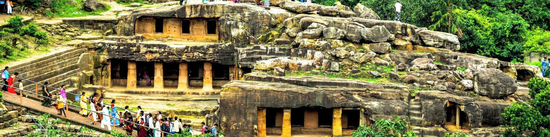 Udayagiri and Khandagiri Caves are partly natural and partly artificial caves of archaeological, historical and religious importance near the city of Bhubaneswar in Odisha, India. The caves are situated on two adjacent hills, Udayagiri and Khandagiri, mentioned as Kumari Parvat in the Hathigumpha inscription. They have a number of finely and ornately carved caves built during 2nd century BCE. It is believed that most of these caves were carved out as residential blocks for Jain monks during the reign of King Kharavela. Udayagiri means "Sunrise Hill" and has 18 caves while Khandagiri has 15 caves.
The caves of Udayagiri and Khandagiri, called lena or leṇa in the inscriptions, were dug out mostly during the reign of Kharavela for the abode of Jaina ascetics. The most important of this group is Ranigumpha in Udayagiri which is a double storeyed monastery. Other important caves include Hathi gumpha, Ananta gumpha, Ganesha gumpha, Jaya Vijaya gumpha, Mancapuri gumpha, Bagh gumpha and Sarpa gumpha.