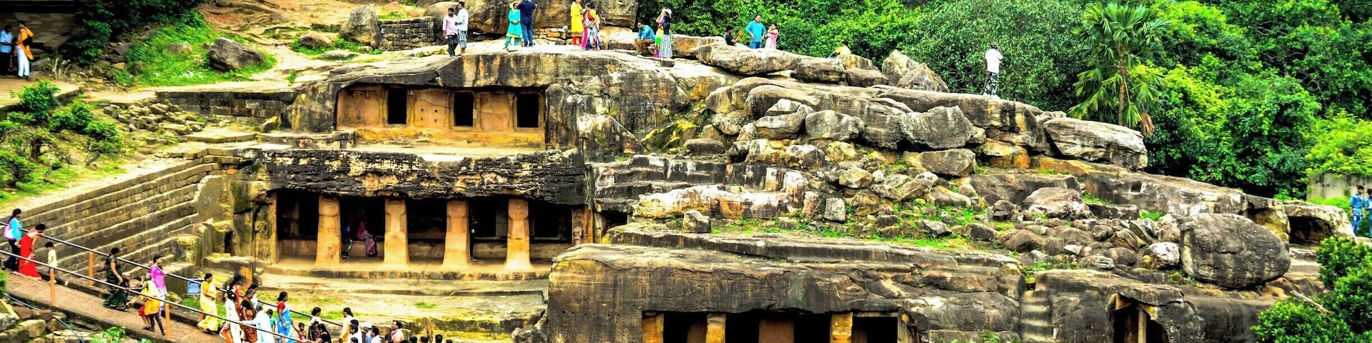Udayagiri and Khandagiri Caves are partly natural and partly artificial caves of archaeological, historical and religious importance near the city of Bhubaneswar in Odisha, India. The caves are situated on two adjacent hills, Udayagiri and Khandagiri, mentioned as Kumari Parvat in the Hathigumpha inscription. They have a number of finely and ornately carved caves built during 2nd century BCE. It is believed that most of these caves were carved out as residential blocks for Jain monks during the reign of King Kharavela. Udayagiri means "Sunrise Hill" and has 18 caves while Khandagiri has 15 caves.
The caves of Udayagiri and Khandagiri, called lena or leṇa in the inscriptions, were dug out mostly during the reign of Kharavela for the abode of Jaina ascetics. The most important of this group is Ranigumpha in Udayagiri which is a double storeyed monastery. Other important caves include Hathi gumpha, Ananta gumpha, Ganesha gumpha, Jaya Vijaya gumpha, Mancapuri gumpha, Bagh gumpha and Sarpa gumpha.